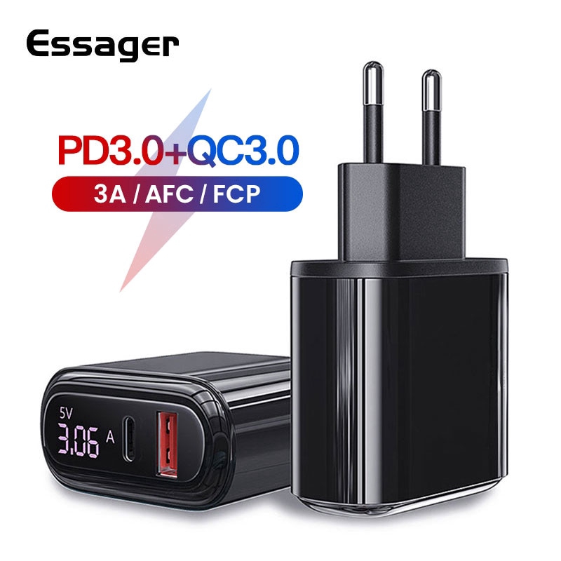 Củ sạc Essager giao diện USB 3.0 có màn hình led dành cho iPhone Samsung Xiaomi Huawei PD3.0 QC3.0 Type C