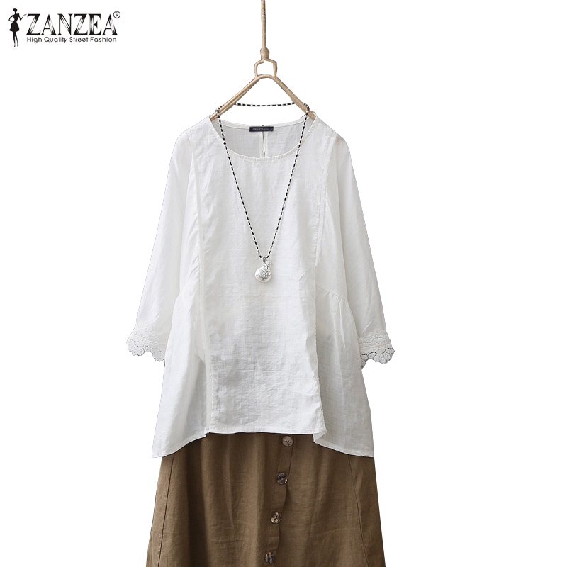 Áo Kiểu ZANZEA Vải Cotton Cổ Thuyền Tay Áo 3/4 Dáng Rộng Thời Trang Cho Nữ