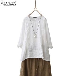 Áo Kiểu ZANZEA Vải Cotton Cổ Thuyền Tay Áo 3/4 Dáng Rộng Thời Trang Cho Nữ