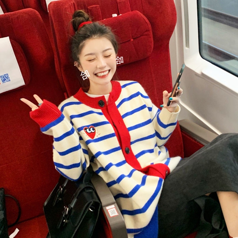 Áo khoác cardigan dệt kim dáng rộng họa tiết kẻ sọc thời trang xuân thu phong cách Hàn Quốc cho nữ