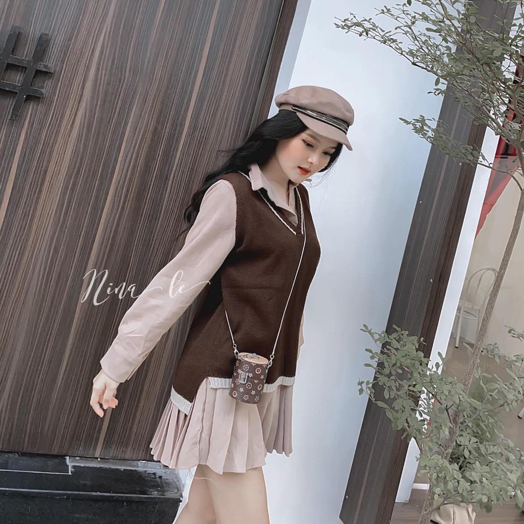 SET ĐẦM SƠMI NUDE PHỐI CHÂN XẾP LI + ÁO GILE NÂU VIỀN | BigBuy360 - bigbuy360.vn