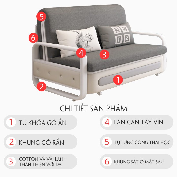 Sofa phòng khách dễ dàng chuyển thành giường - Sofa Giường Thông Minh 2 chế độ có ngăn kéo ẩn kích thước 120cm*193cm