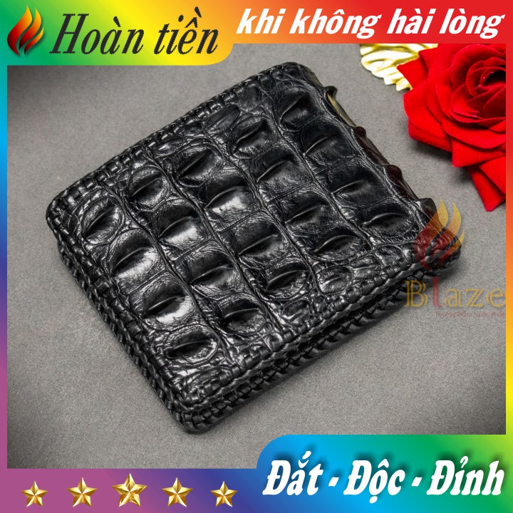 Ví Da Cá Sấu 2 Mặt Đan Viền Gai Lưng - Bóp Da Cá Sấu Đan Viền Cao Cấp BLAZE | Ngang | Đen