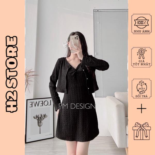 Set váy hai dây xốp xoắn ngực kèm áo cadigan cúc ngọc chanh xả