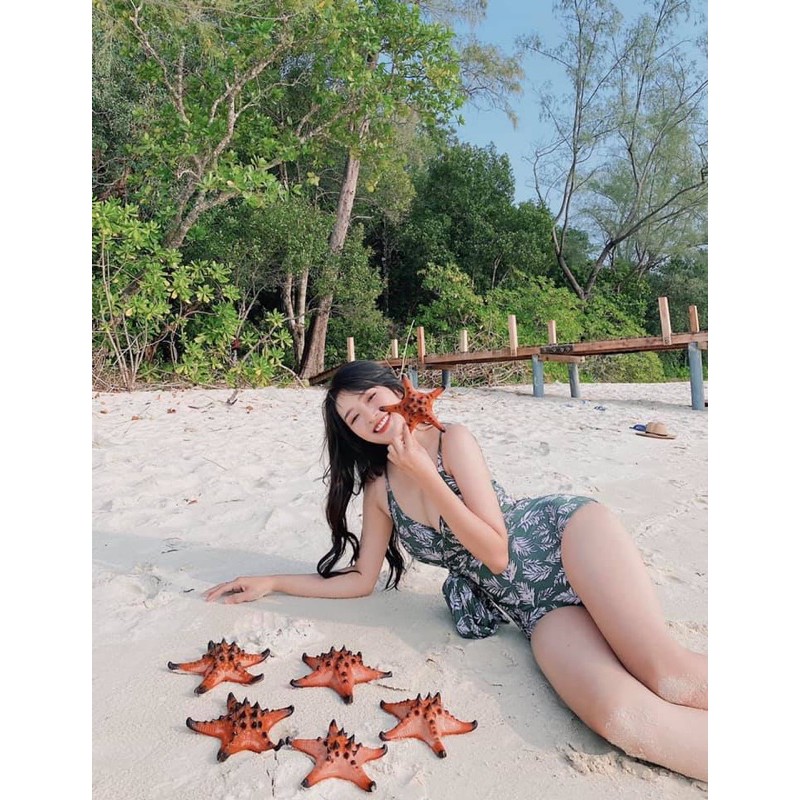 Monokini xanh - Đồ bơi 1 mảnh xanh hoạ tiết Hàn Quốc