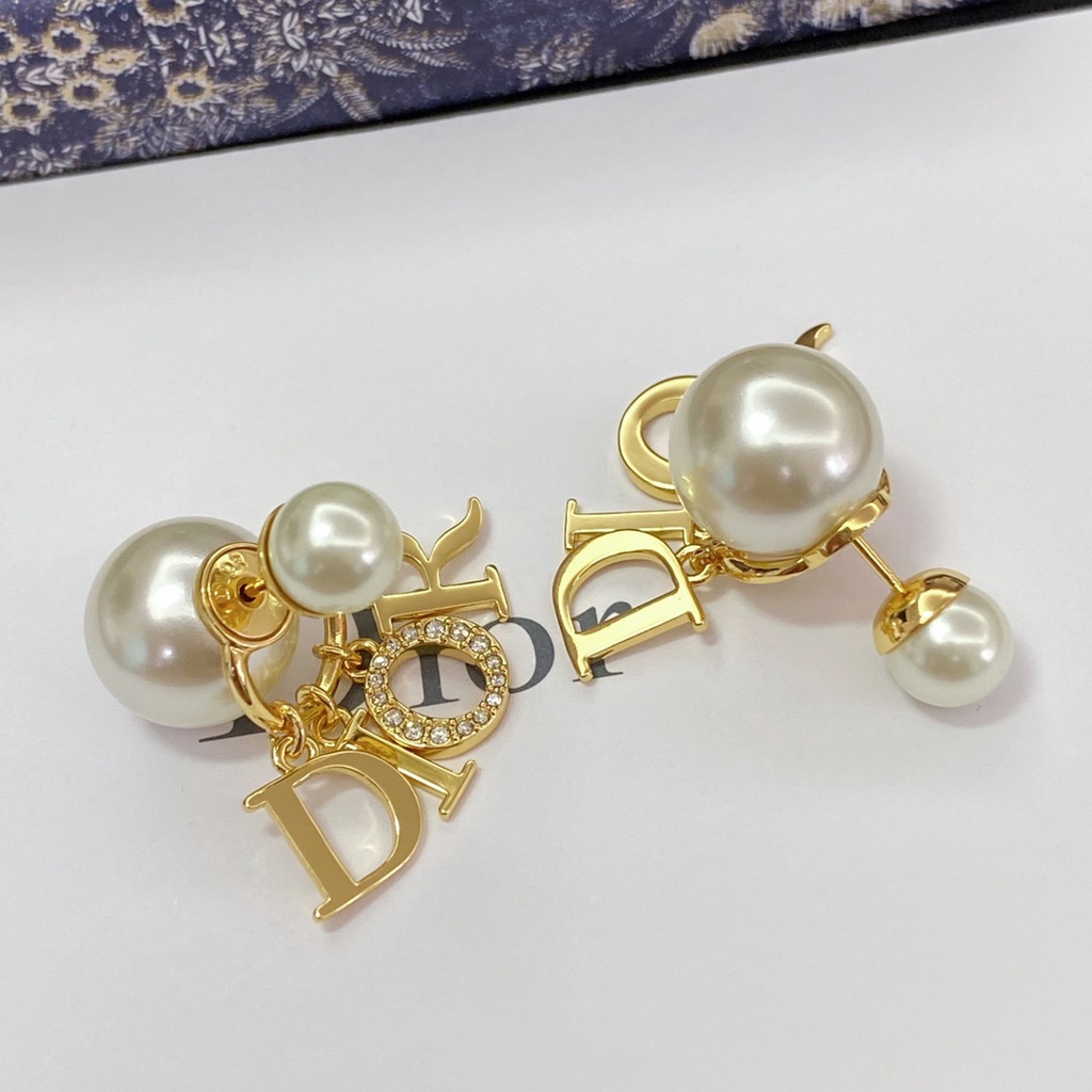 Bông tai dáng dài mini S925 in chữ Dior đính ngọc trai nhân tạo thời trang cho nữ