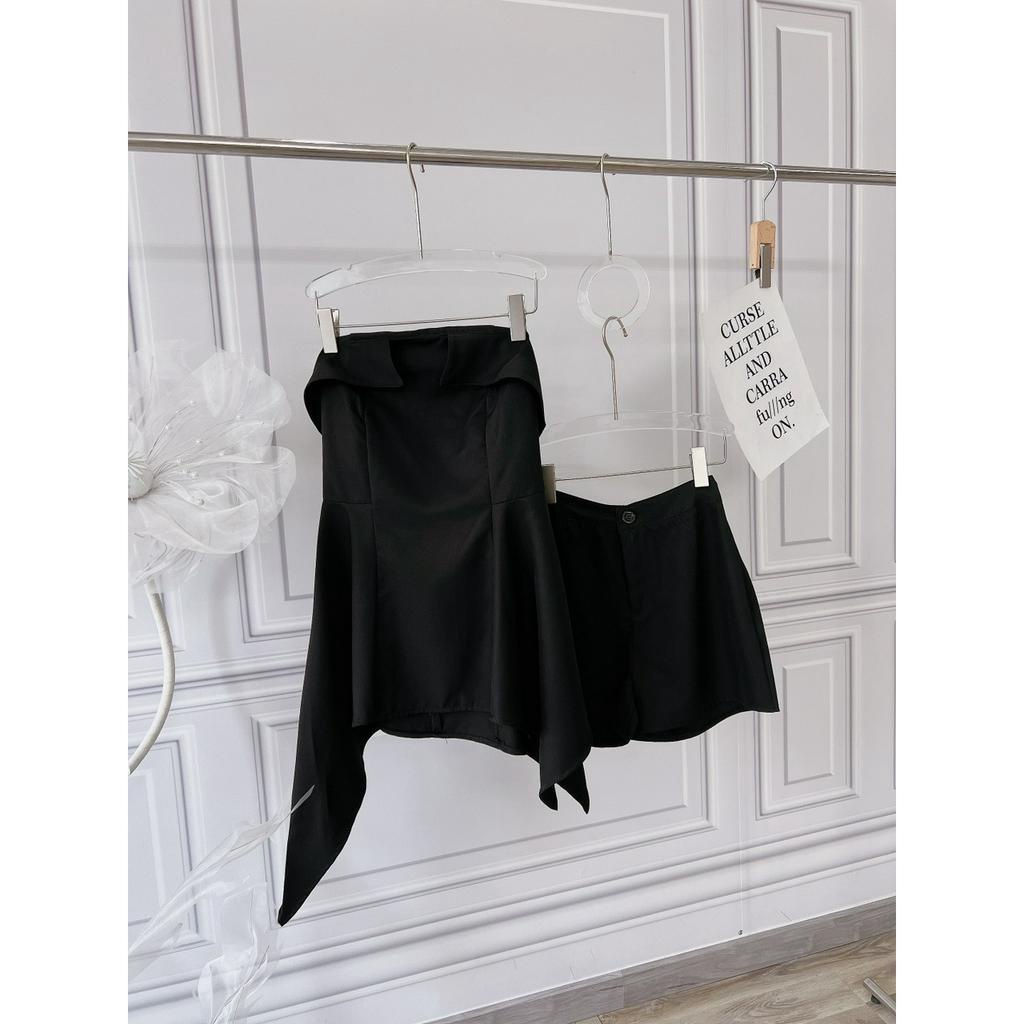 SET ÁO ỐNG LẬT CÚP NGỰC ĐEN TÀ NHỌN + QUẦN SHORT ĐEN (TH)