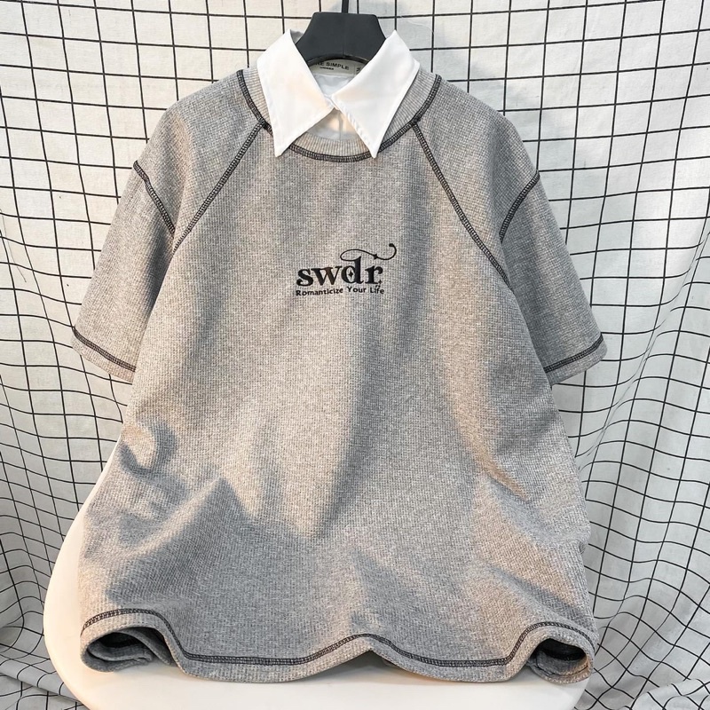 Áo Thun Tay Lỡ Phối cổ sơmi ROMAN màu ĐEN/XÁM  /Nam nữ unisex/ Áo polo cổ tròn form rộng Jaystoree