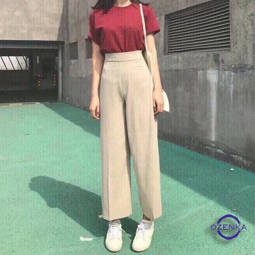 Quần ống rộng suông nữ lưng cao ozenka , quần tây nữ vải mềm mịn khóa sườn màu đen da ghi đá size s m l QS 571 | BigBuy360 - bigbuy360.vn