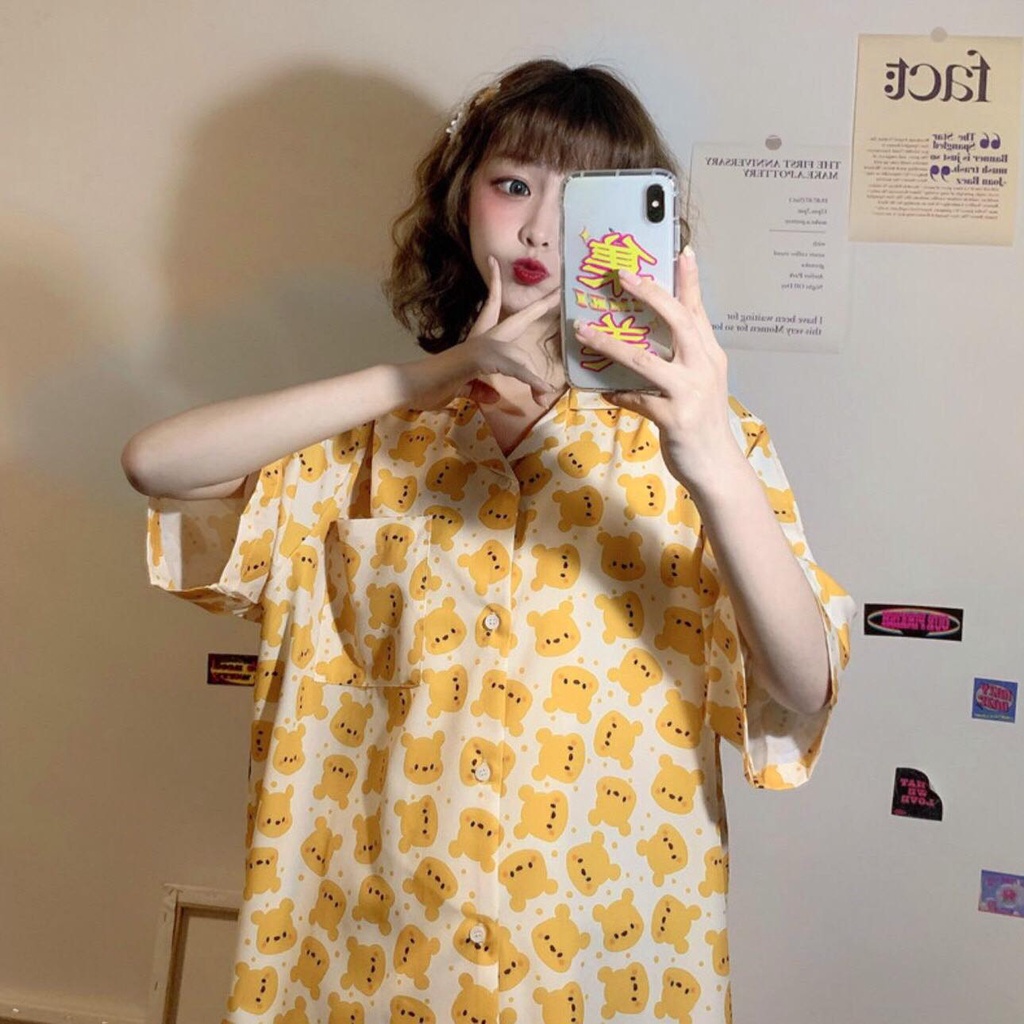 Sơ mi tay lửng gấu pooh vàng chất lụa mềm unisex cryaotic10