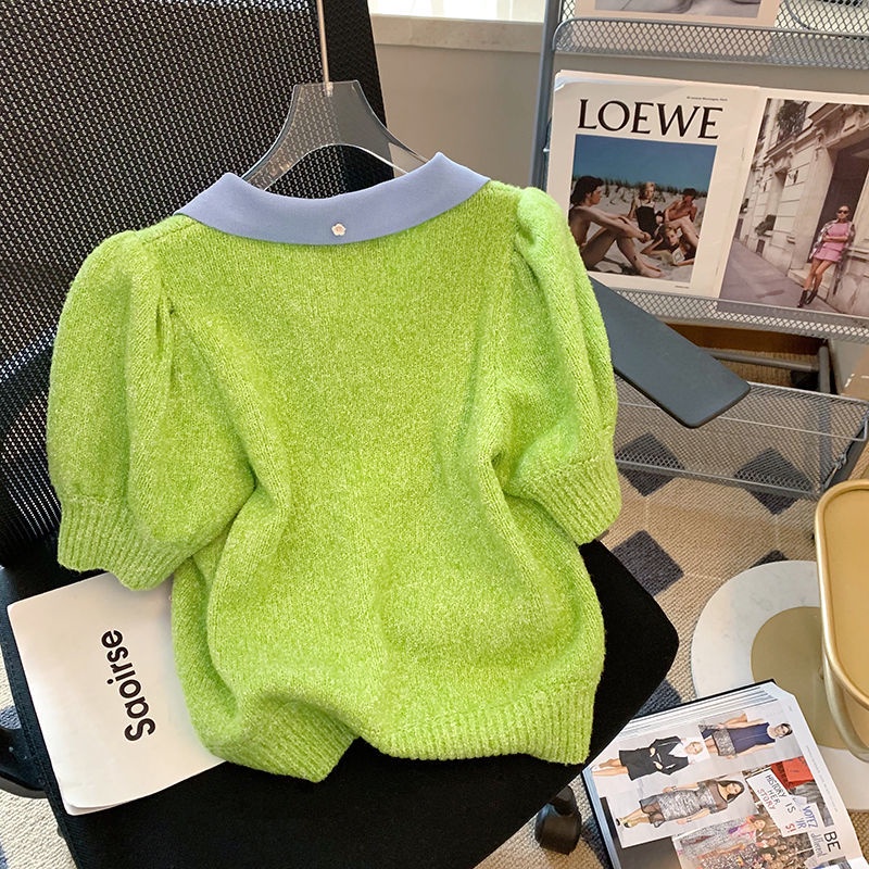 Áo Sweater Cổ Polo Tay Phồng Mềm Mại Họa Tiết Hoa Ba Chiều Phong Cách Phương Tây