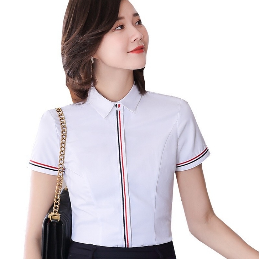 Áo sơ mi nữ ngắn tay kiểu đẹp phối họa tiết viền màu đỏ đen dọc cúc  thời trang PONIVA phong cách Hàn Quốc thanh lịch