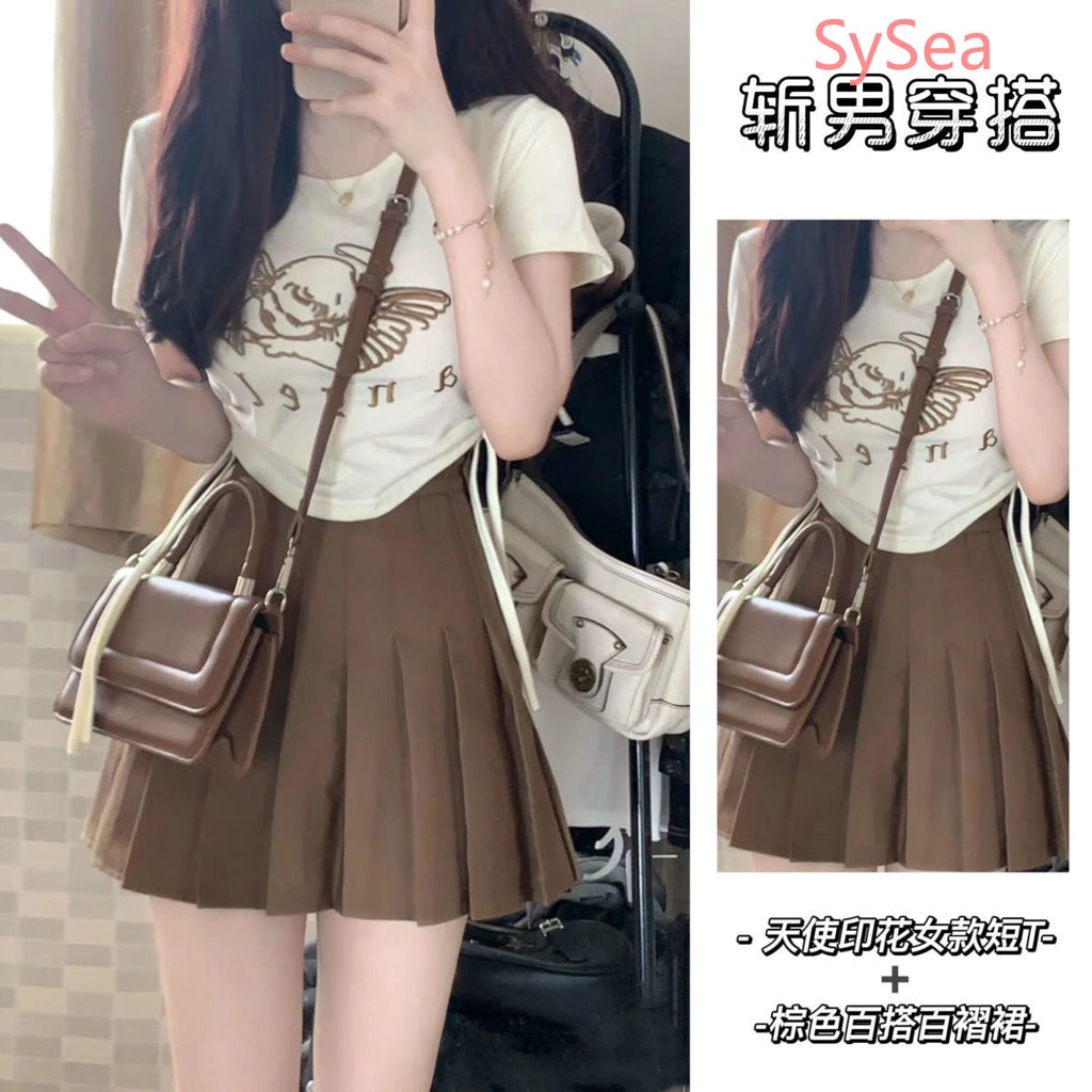 Bộ Áo Thun + Chân Váy Xếp Ly Xinh Xắn Theo Phong Cách Retro Mùa Hè Dành Cho Nữ