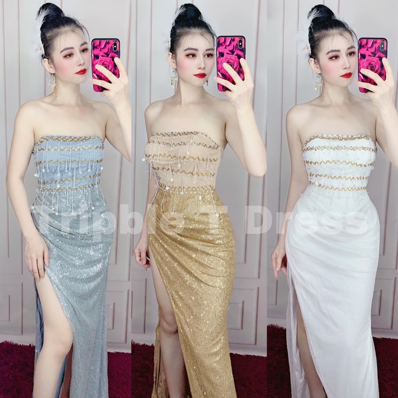 Đầm maxi kim sa kết hạt có lót trễ vai xoắn eo sang trọng TRIPBLE T DRESS - size M/L - MS127V