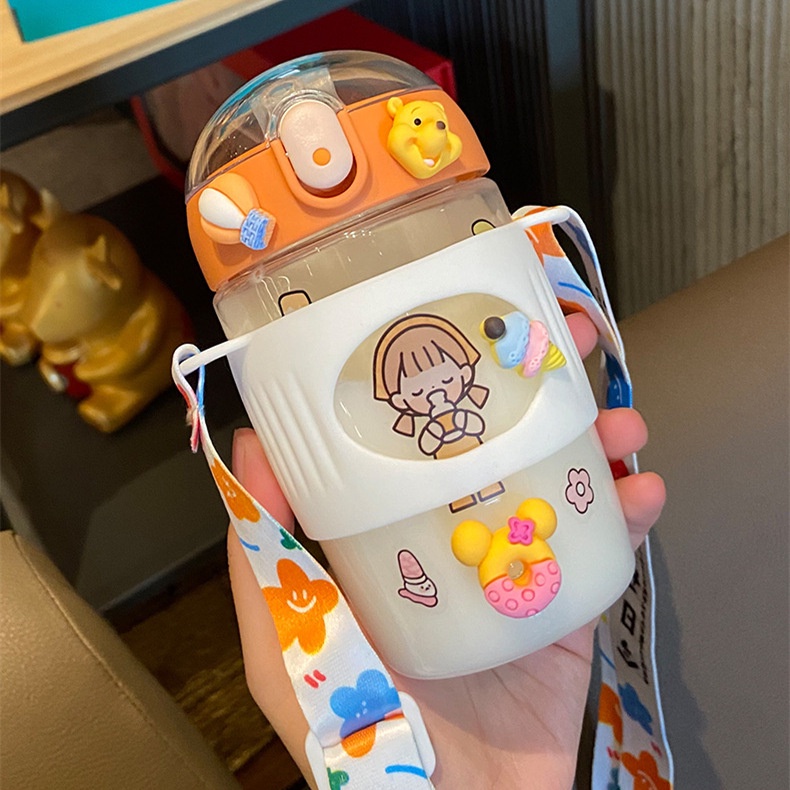 Bình nước cute có ống hút 380ml bình nước trẻ em đi học đi chơi có dây đeo tặng kèm sticker B4
