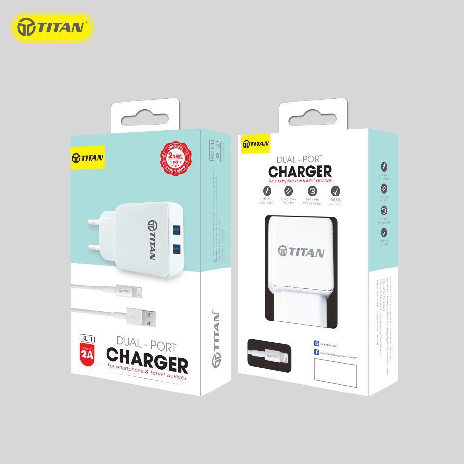 𝐂𝐨𝐦𝐛𝐨 sạc nhanh 2 cổng USB, bộ sạc bao gồm Củ sạc 2 cổng và Dây sạc Iphone ,chân sạc Lightning - Titan - Hàng Chính Hãng