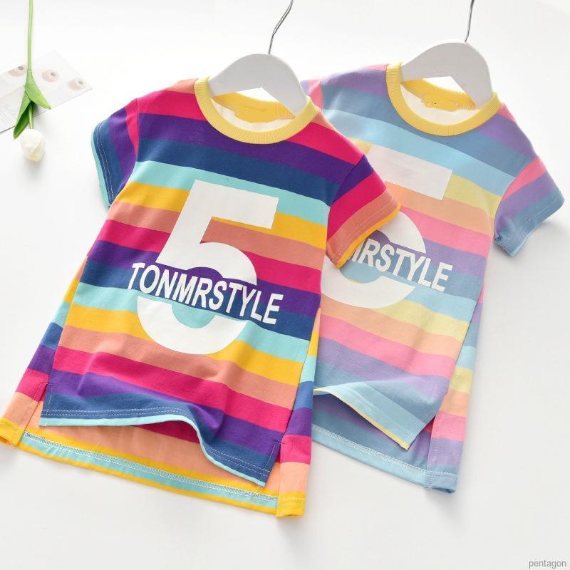 Đầm Thun Ngắn Tay Sọc Ngang Màu Cầu Vồng Cho Bé Gái