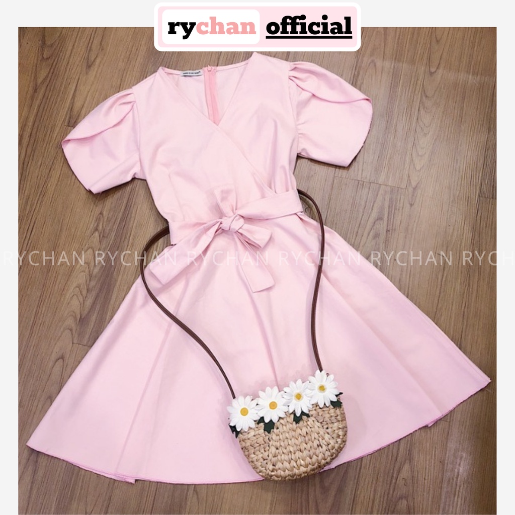 Đầm Dạo Phố Tay Xếp Cách Điệu Nơ Eo Cổ V Đáng Yêu, Váy Nữ Tay Ngắn Form Xòe Dễ Thương Màu Hồng [ẢNH THẬT CUỐI] - DX9765