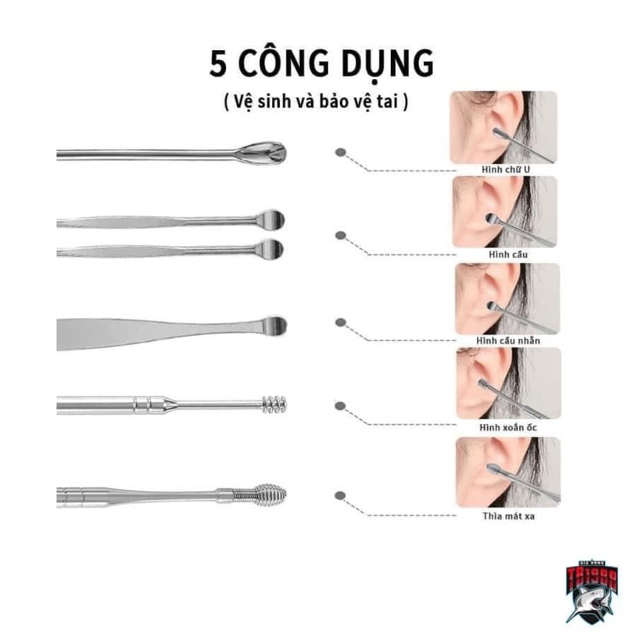 BỘ DỤNG CỤ LẤY RÁY TAI 6 MÓN HỘP INOX TRÒN SIÊU ĐẸP