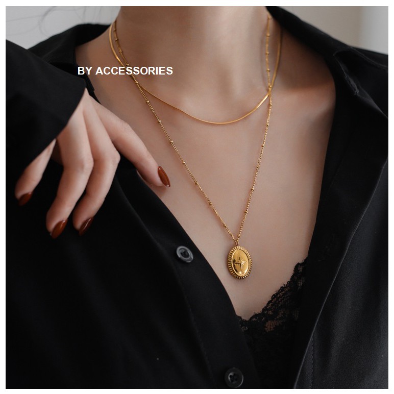 Dây chuyền titan 2 tầng mặt oval họa tiết ngôi sao không gỉ