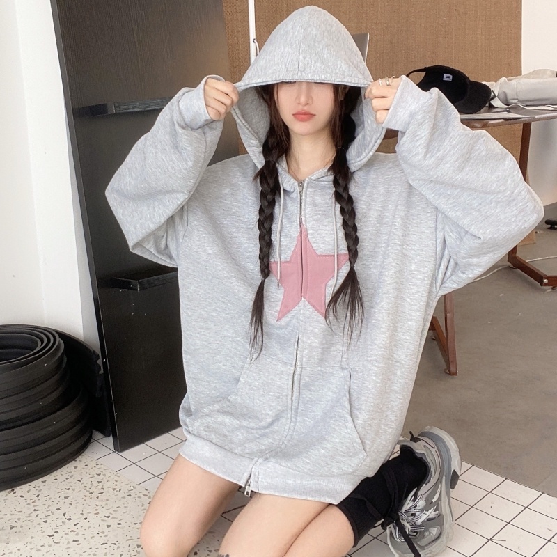 ZHELIHANGFEI Áo Khoác Hoodie Tay Dài Có Khóa Kéo Đôi Phong Cách Preppy Mỹ