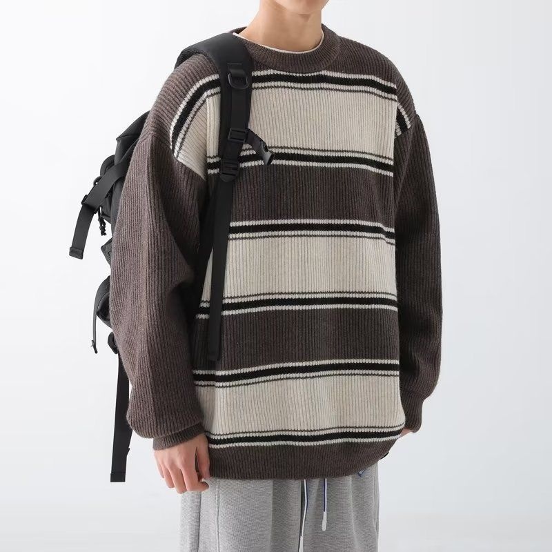 Áo Sweater Dệt Kim Dáng Rộng Kẻ Sọc Màu Phong Cách Nhật Bản Thời Trang Thu Đông Cho Nam Và Nữ