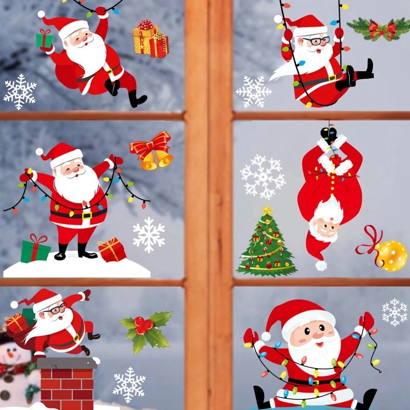 Creative Santa Elk Scenes Windows Stickers/ Cartoon Snowman Christmas Wall Stickers/ Home Christmas Glass Mural Decals Decorations