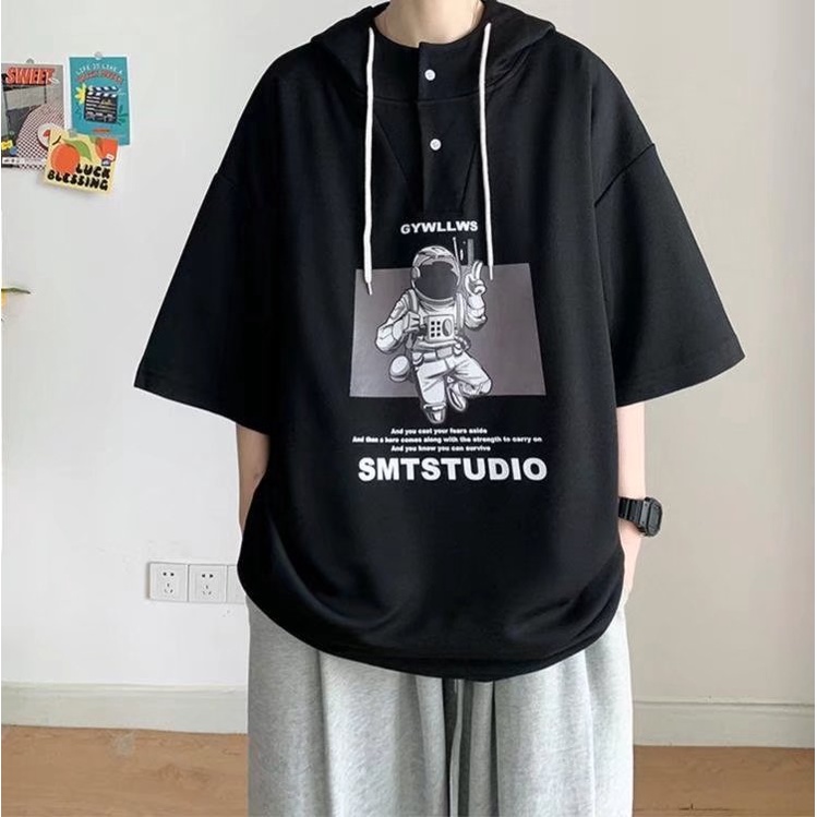 Áo Hoodie Tay Ngắn Dáng Rộng In Hình Phi Hành Gia Kiểu Hip-Hop Đường Phố Nhật Bản Cỡ M-3XL Cho Nam