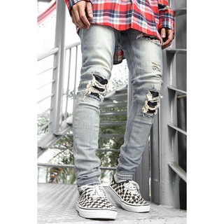 Quần Jeans Nam Form Skinny Biker Rách Gối Bọc Da Màu Xanh ,Form Đứng Dáng Ôm Chân