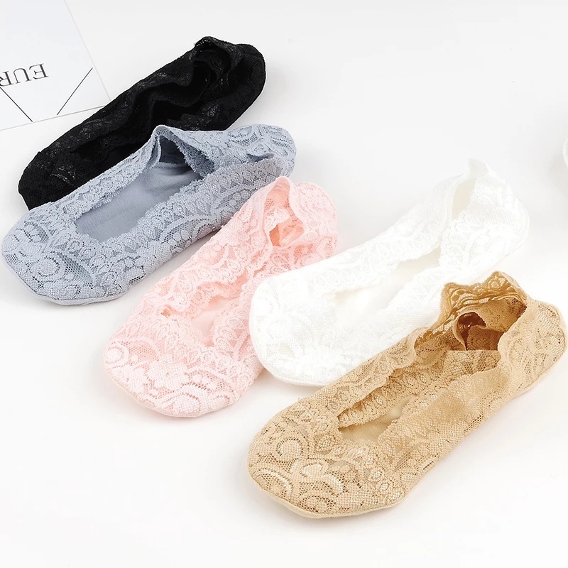 Vớ Thuyền Phối Ren Lưới Siêu Mỏng Mềm Mại Thoáng Khí Chống Trượt Thêu Họa Tiết Hoa Thời Trang Cho Nữ