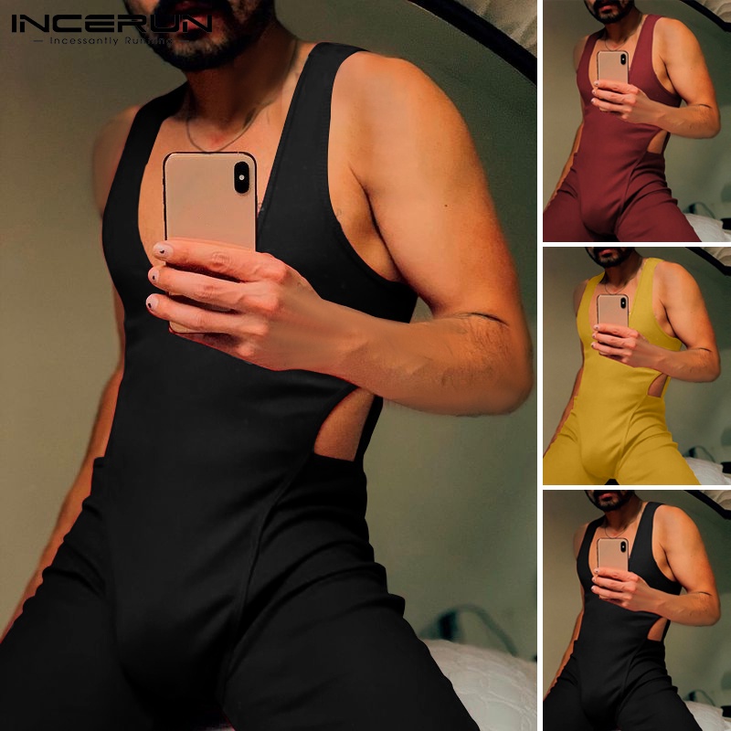 Bộ áo liền quần INCERUN không tay cổ chữ v sâu khoét lỗ hở dáng ôm vừa vặn màu trơn thời trang cho nam