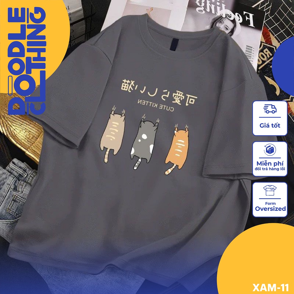 Áo thun phối độc đáo nam nữ tay lỡ unisex oversize áo phông form rộng xám hình ba con mèo