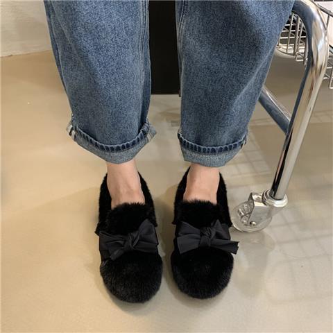 Giày Búp Bê Lông Xù Đính Nơ Dễ Thương Dành Cho Nữ