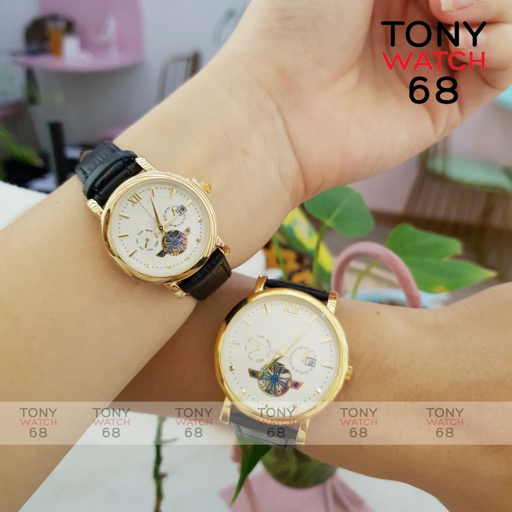 Đồng hồ cặp đôi nam nữ SL dây da viền vàng lộ máy chống nước chính hãng giá rẻ Tony Watch 68