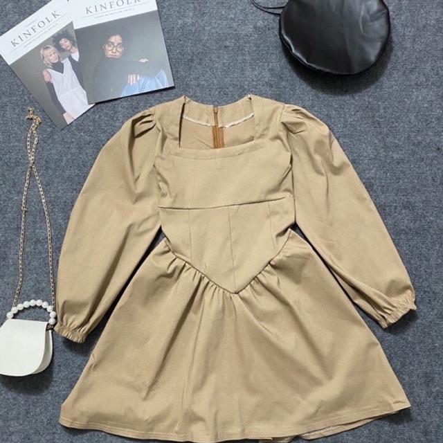 Váy cổ vuông dáng xoè chữ A, đầm tiểu thư cổ vuông mặc dịp Tết siêu xinh, chất vân gỗ PENNY- V113 | BigBuy360 - bigbuy360.vn