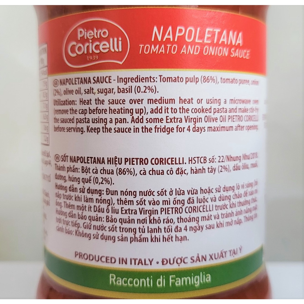 [Lọ 350g – NAPOLETANA ] XỐT MÌ Ý CÀ CHUA [Italia] PIETRO CORICELLI Tomato and Onion Sauce (nhn)