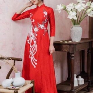 Áo dài đỏ gấm tơ 4tà