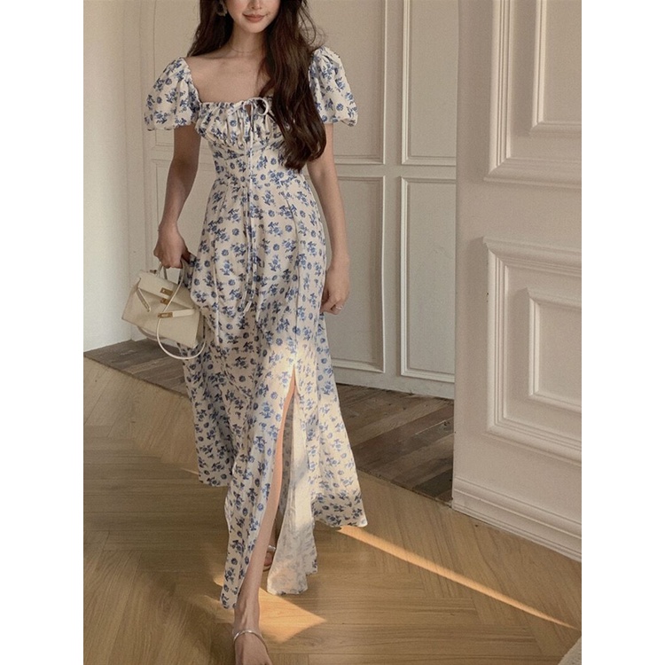 Đầm Voan Hoa Body Quây ngực Trễ vai Sexy Xẻ tà Cổ vuông Retro Kiểu Pháp Váy Dài Midi Tiểu thư Sexy Cổ điển
