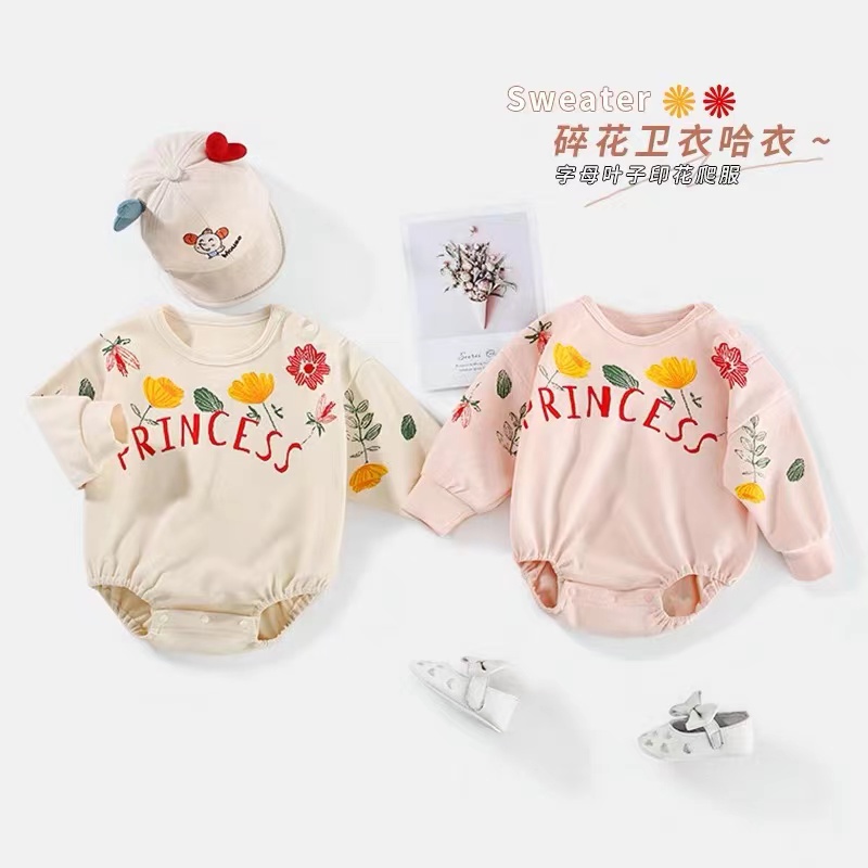 Áo liền quần dài tay in hoa đáng yêu cho bé gái 0-24 tháng