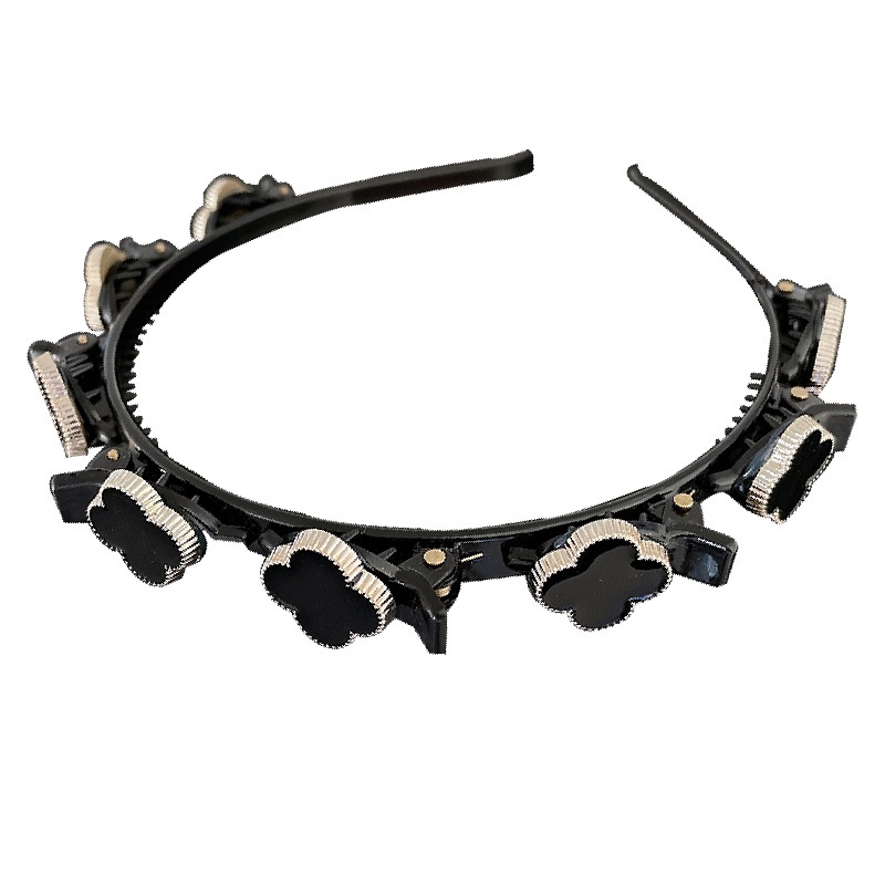 Cài Tóc Cỏ Bốn Lá Đính Hạt Ngọc Trai Giả Màu Đen Phong Cách Vintage Hàn Quốc