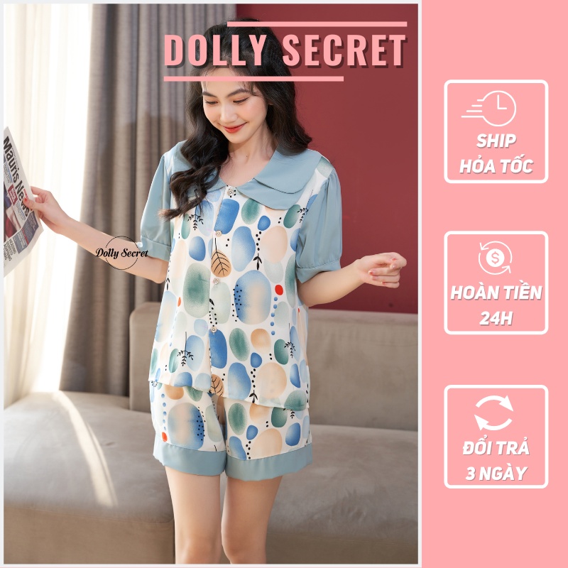 Bộ đồ Pijama lụa mango cộc tay bồng quần đùi mặc ở nhà cao cấp cổ 2 lá phong cách Hàn Quốc đáng yêu DOLLY SECRET CC02