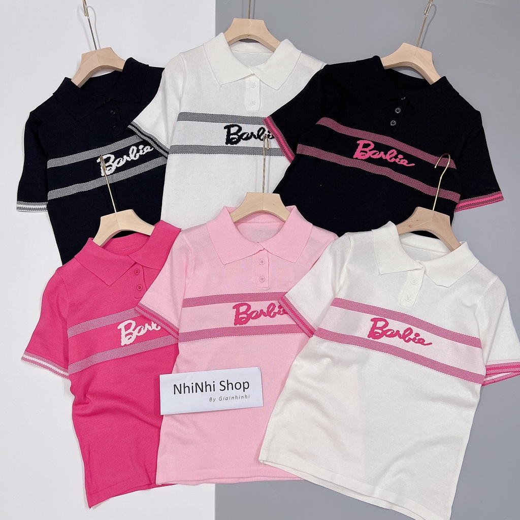 Áo polo len ngắn tay cài cúc phối màu, Áo len cổ bẻ in chữ Barbie AL7803 - NhiNhi Shop