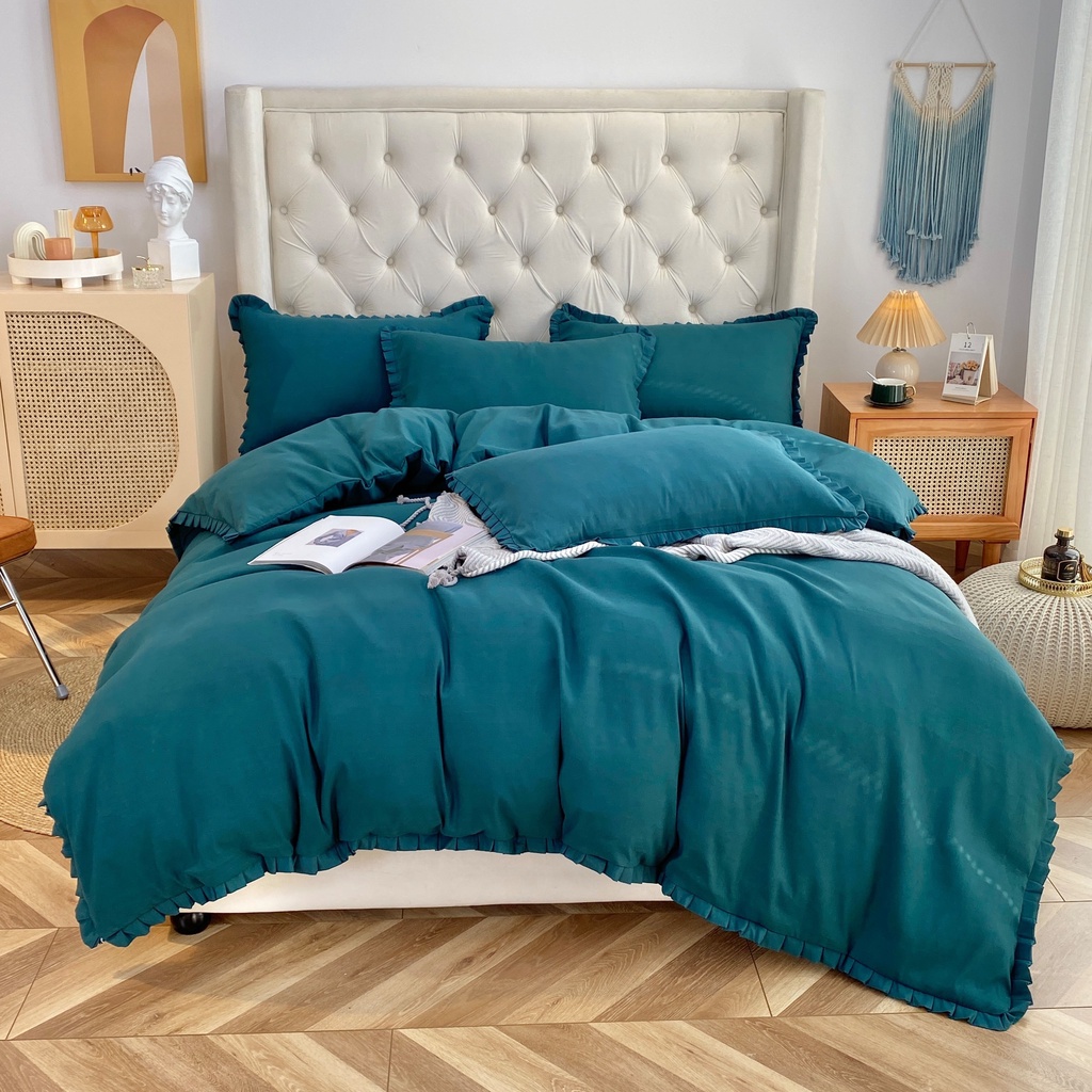 Bộ Vỏ Chăn Ga Gối 4 Món Cotton Tc Tici Viền Bèo Trơn Mix Độc Lạ Dễ Thương Cao Cấp Nhập Khẩu Size m6 m8 2m Napbedding