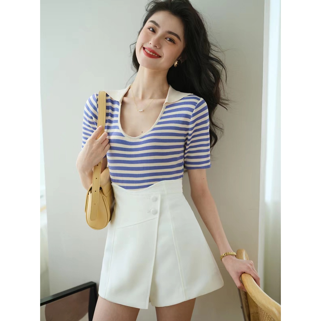 Áo Dệt Kim Ngắn Tay Họa Tiết Kẻ Sọc Phong Cách Pháp Mới