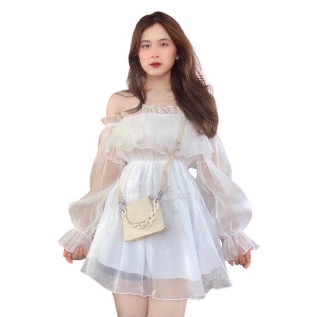 Váy Nữ Trễ Vai Tay Dài Bồng Dáng Xòe Tiểu Thư Style Hàn Quốc 3 Màu Đen Trắng Kem