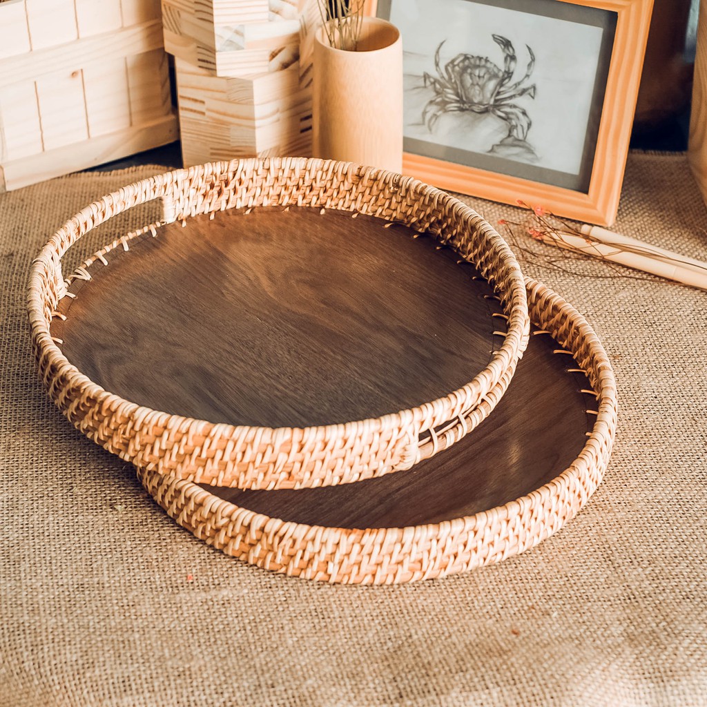 Khay trà gỗ óc chó - Khay tròn có quai (30cm) Wooden tea tray