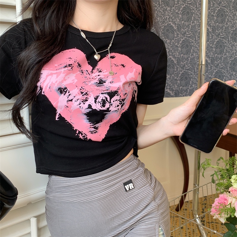 Áo Thun Tay Ngắn Dáng Ôm In Chữ Và Trái Tim Thời Trang Hàn Quốc Quyến Rũ Cho Nữ
