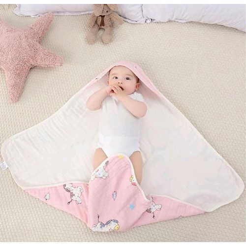 Khăn quấn ủ xô có mũ cho bé sơ sinh, Vải xô 100% cotton mềm mịn giúp bé thoải mái