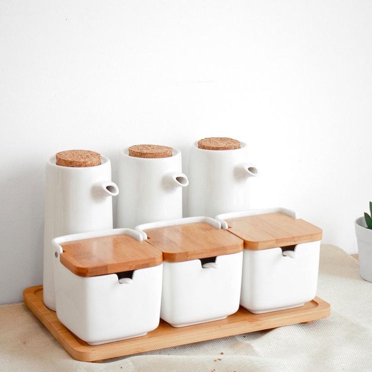Set 3 Hũ Sứ Vuông + 3 Bình Sứ Đựng Dầu Ăn Kèm Khay Gỗ BLANC'