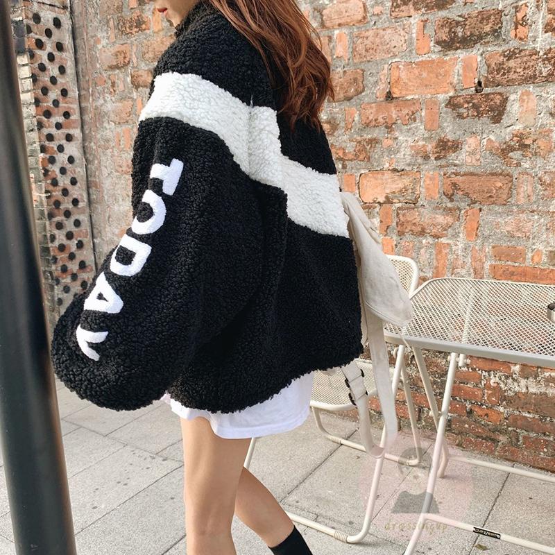 Áo Khoác Giả Lông Thú Khóa Kéo In Chữ Thời Trang Cho Nữ